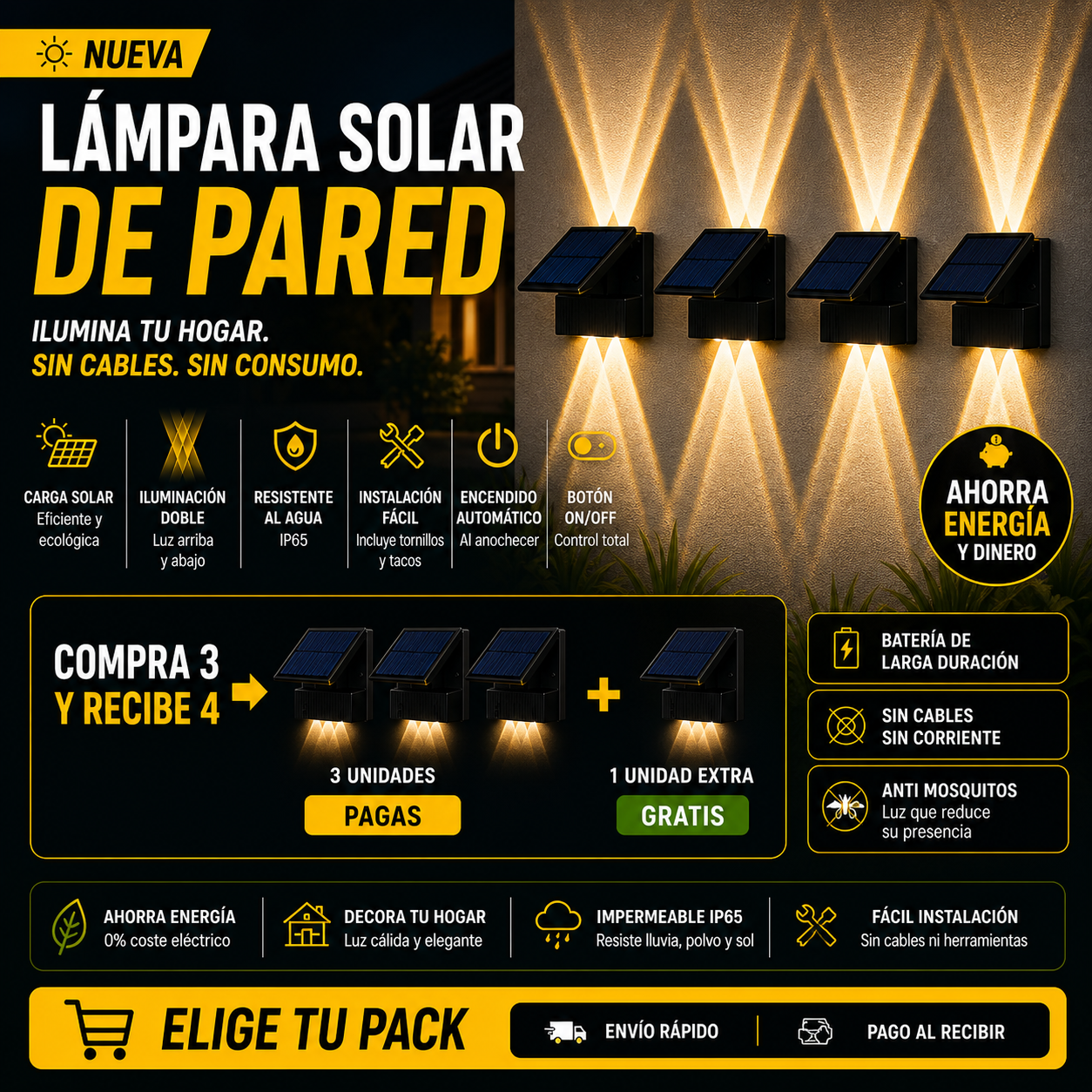 Lámpara Solar LED Exterior 6 Focos